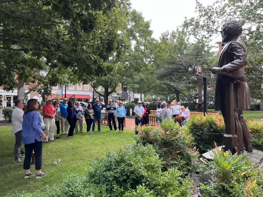 Our group learns the history of the Frederick Douglass statue at the Talbot Co Courthouse, Easton, MD